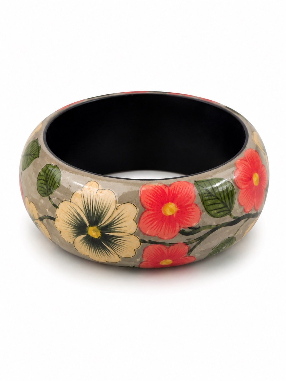 Vintage Hand Painted‎ Wooden Floral Bangle Bracelet Wide Boho Cottagecore